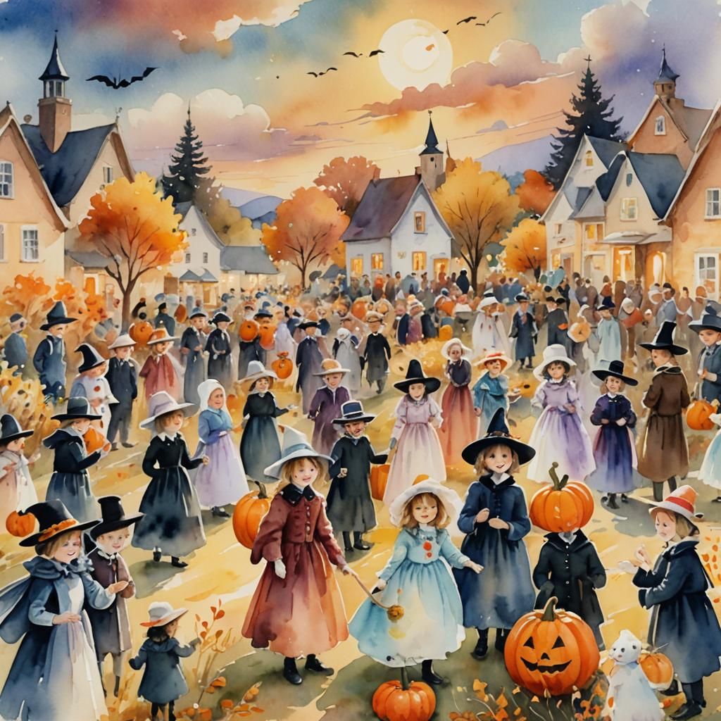 Villagers Celebrate Halloween: A Watercolor Painting