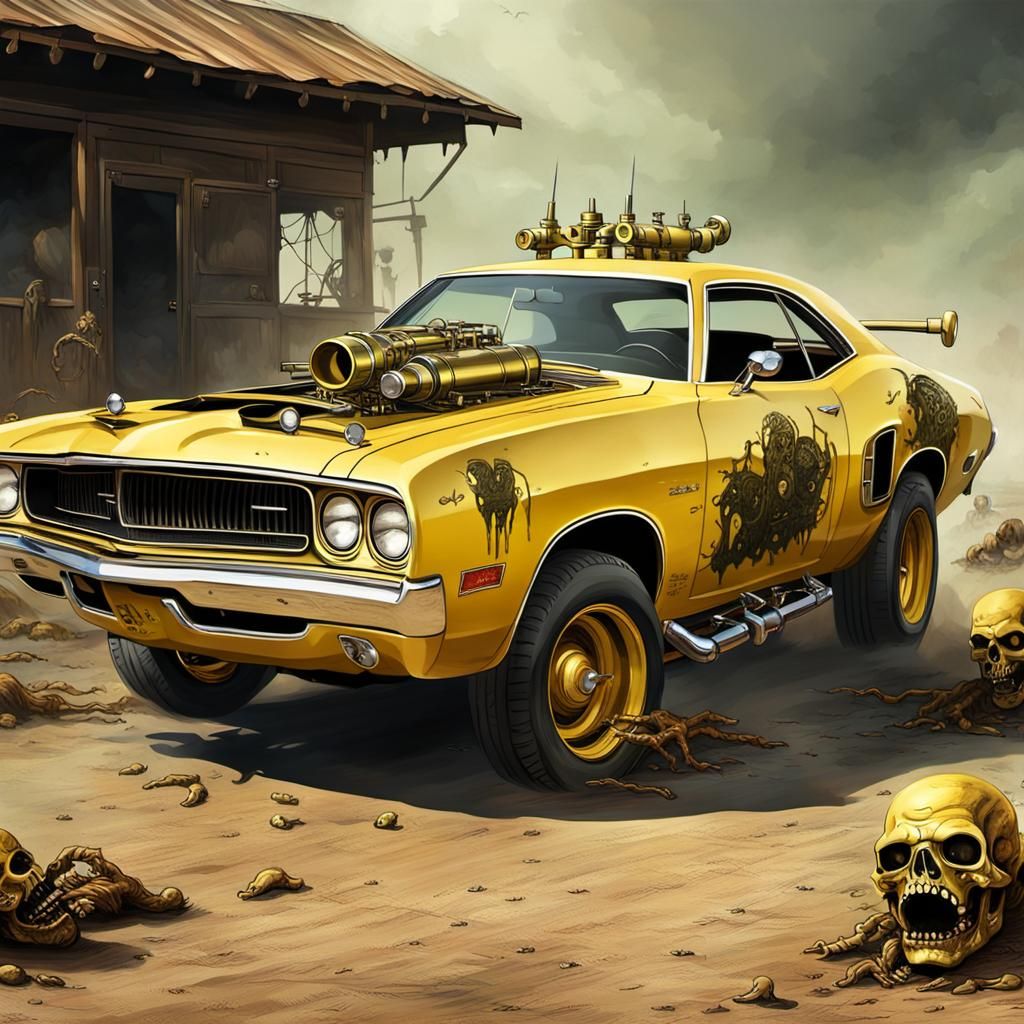 Yellow Dodge Muscle Car vs Zombies with Steampunk Engine