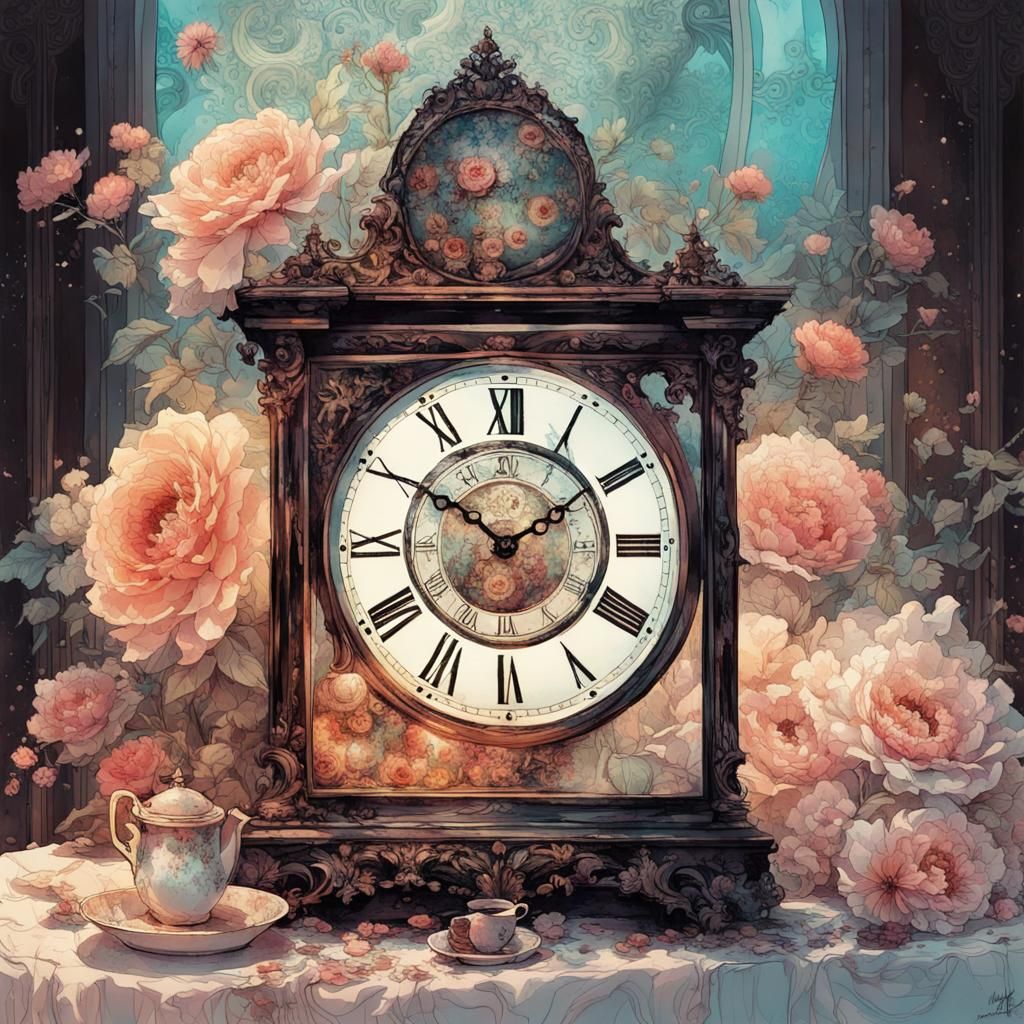 """"""Still life of intricate vintage clocks, faded flowers,poster of a-beautiful flowered-tea-party-still-life in a bio...