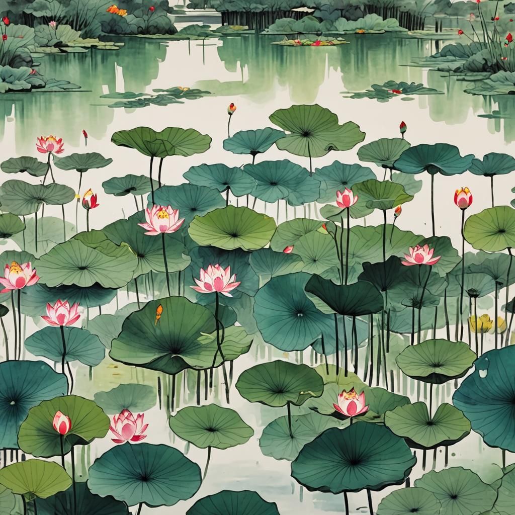Lotus Pond Ink Painting in Gouache Style