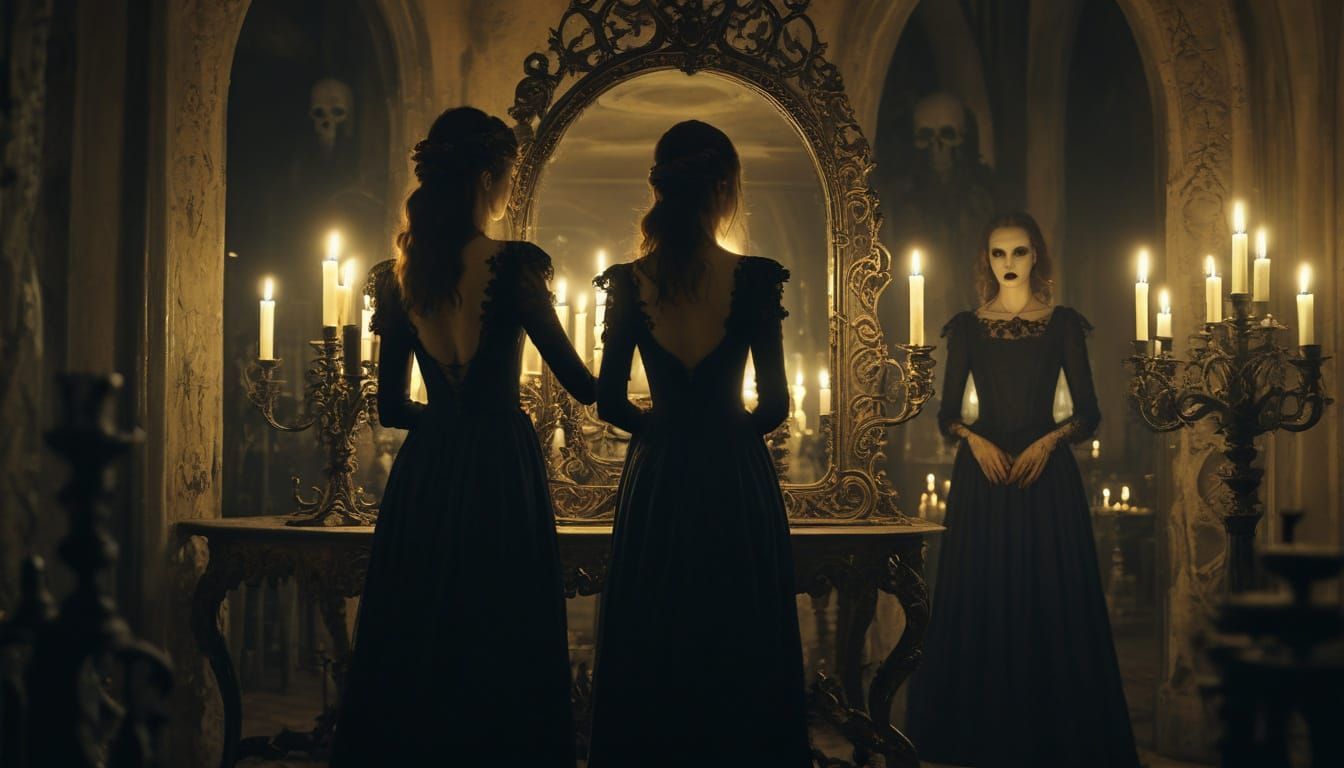 Woman Confronts Dark Demon in Gothic Mansion