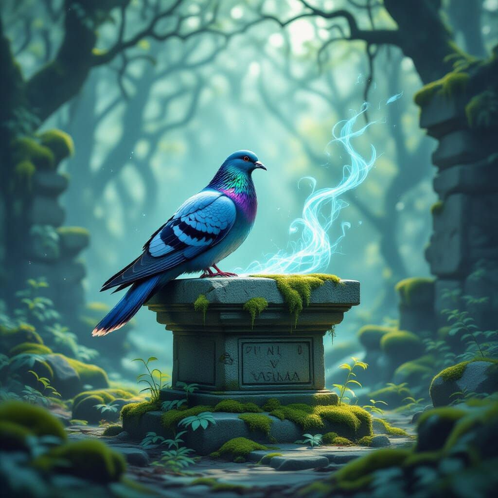 Glowing Pigeon on Ancient Altar in Mystical Forest