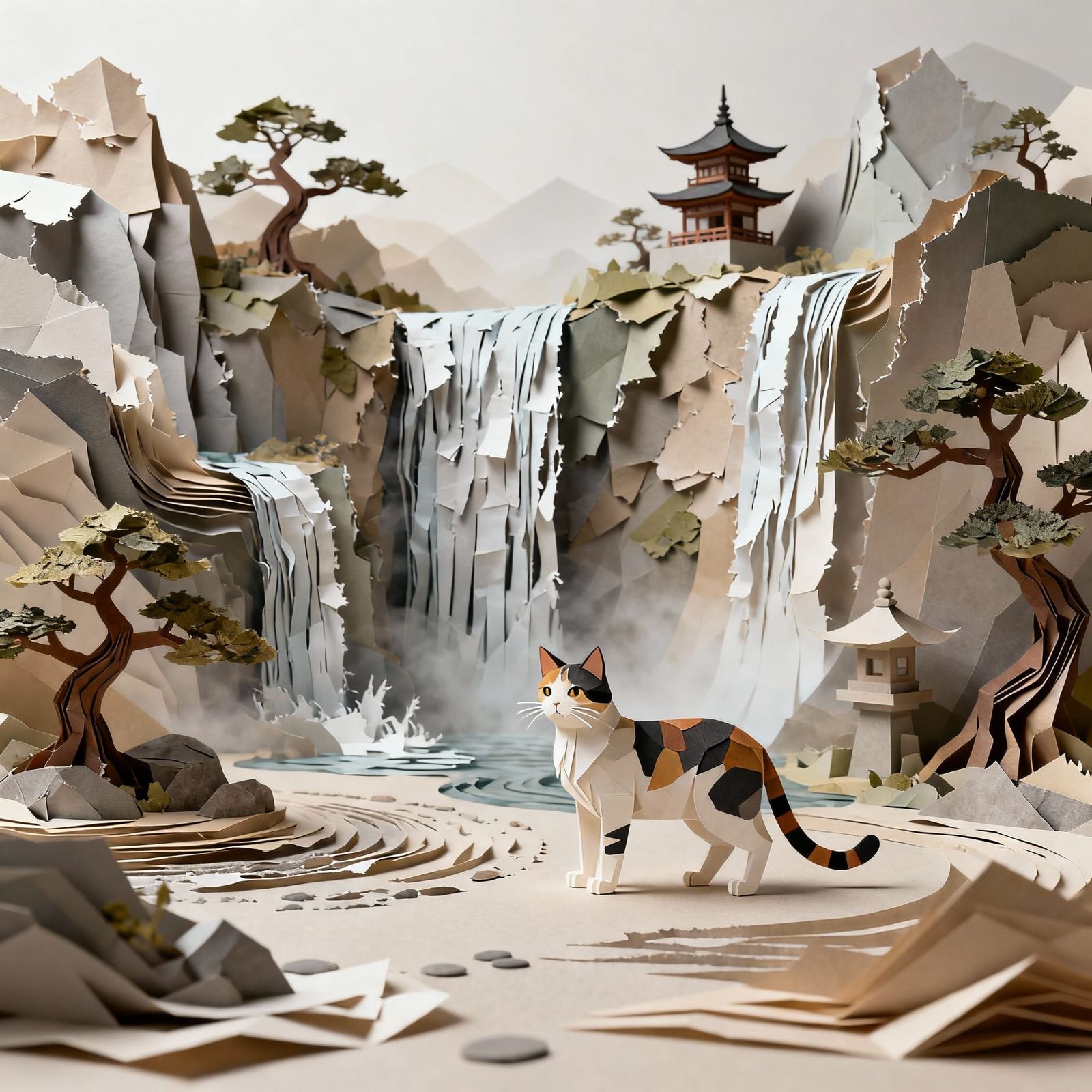 Calico Cat in Surreal Paper Zen Garden