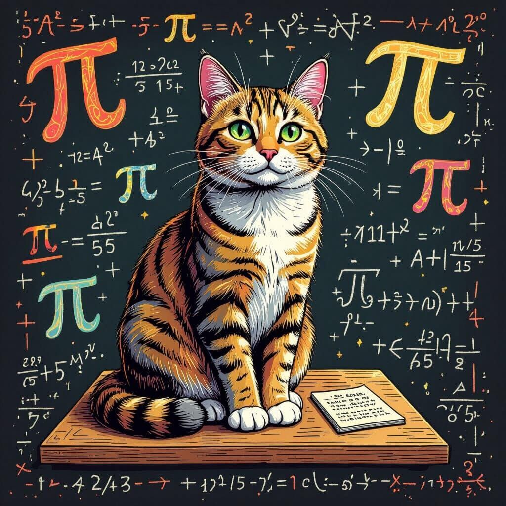 Cat Surrounded by Pi Digits in Whimsical Style