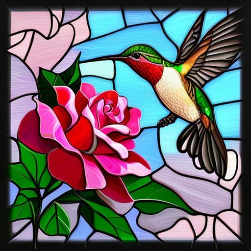 Hummingbird and Rose Stained Glass in Graffiti Art Style