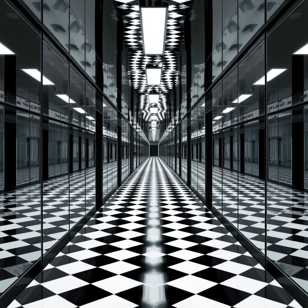 Infinite Mirror Corridor in a Surreal Black and White Univer...
