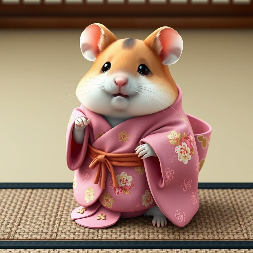 Chubby Hamster in Vibrant Pink Kimono on Tatami Mat