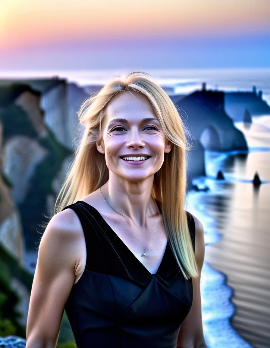 Ethereal Woman on Cliff at Dawn