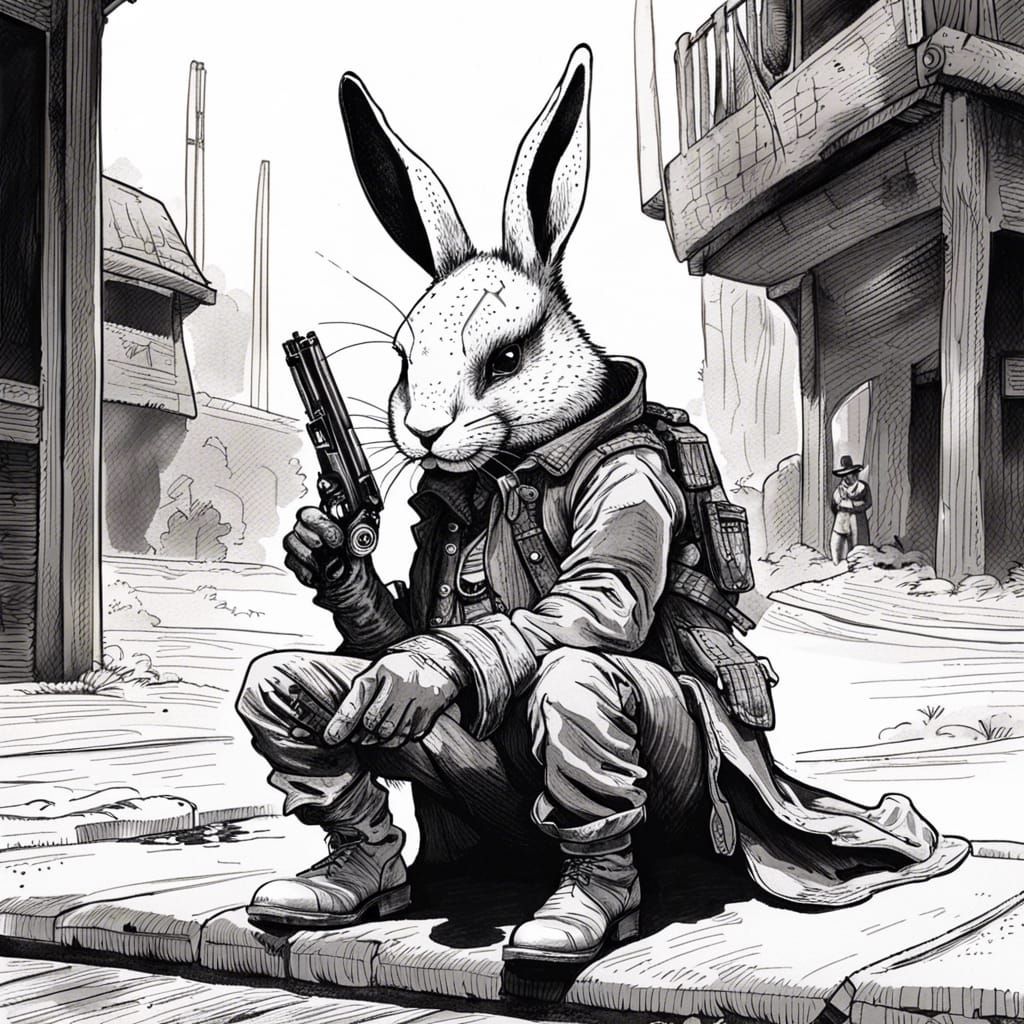 Anthropomorphic Bunny Gunslinger in Moebius Style