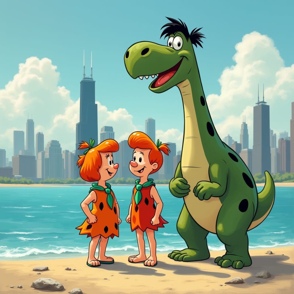 Pebbles, Bam Bam, and Dino Visiting Lake Michigan in Chicago...