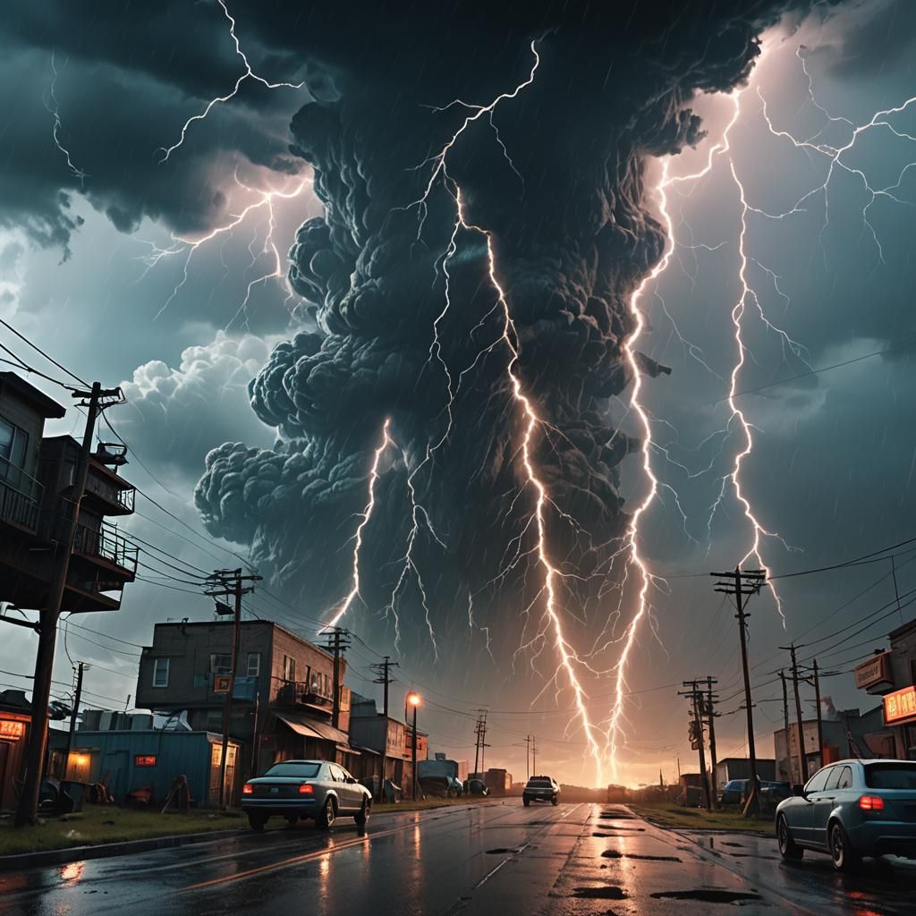 Dramatic Lightning Storm with Neon Text, Digital Art