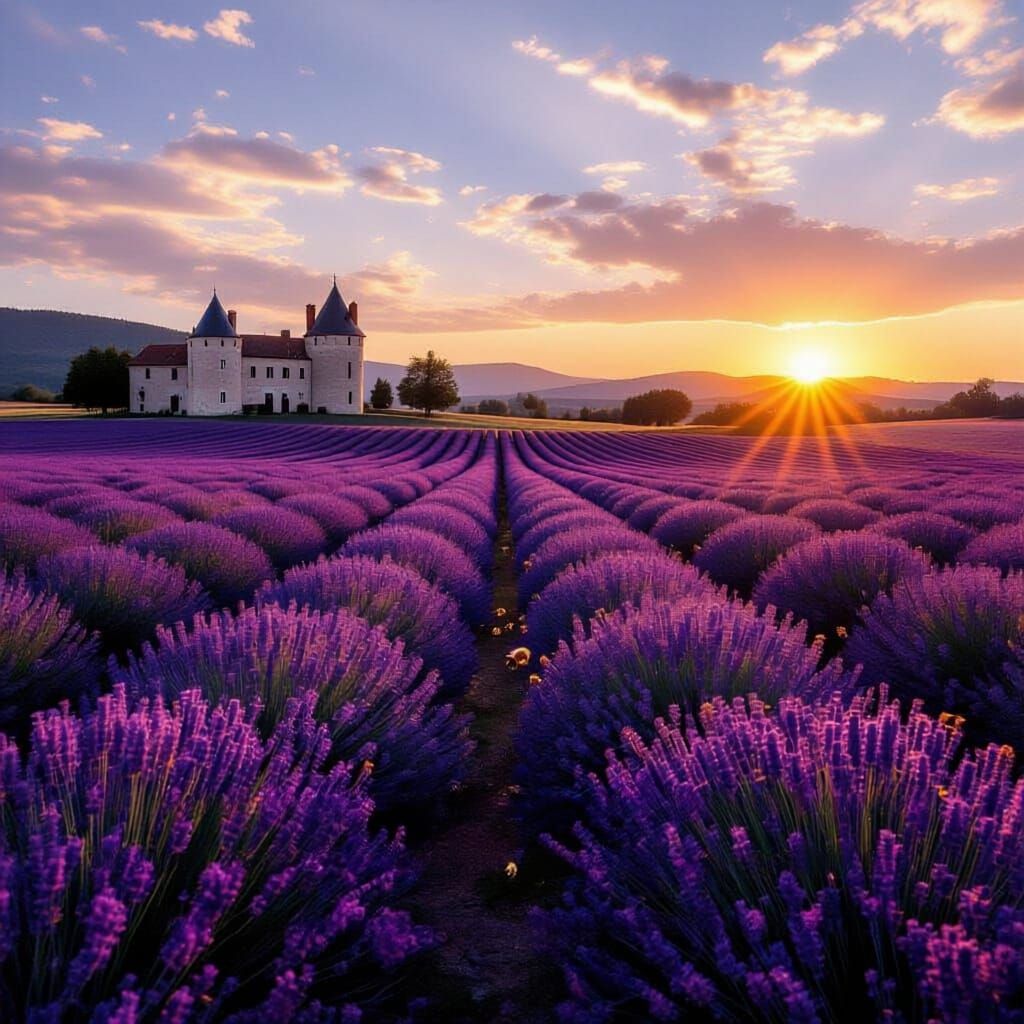 Sunrise Lavender Field in Provence with Chateau