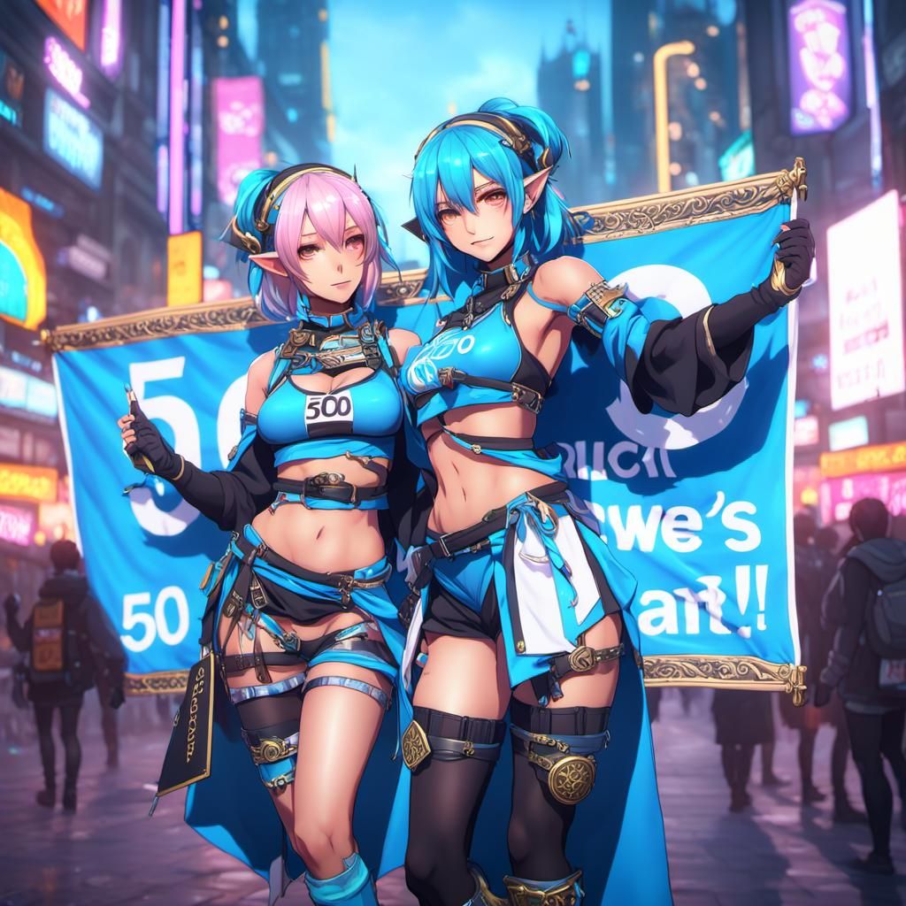 Raver Girl and Mage With Banner, Anime Art