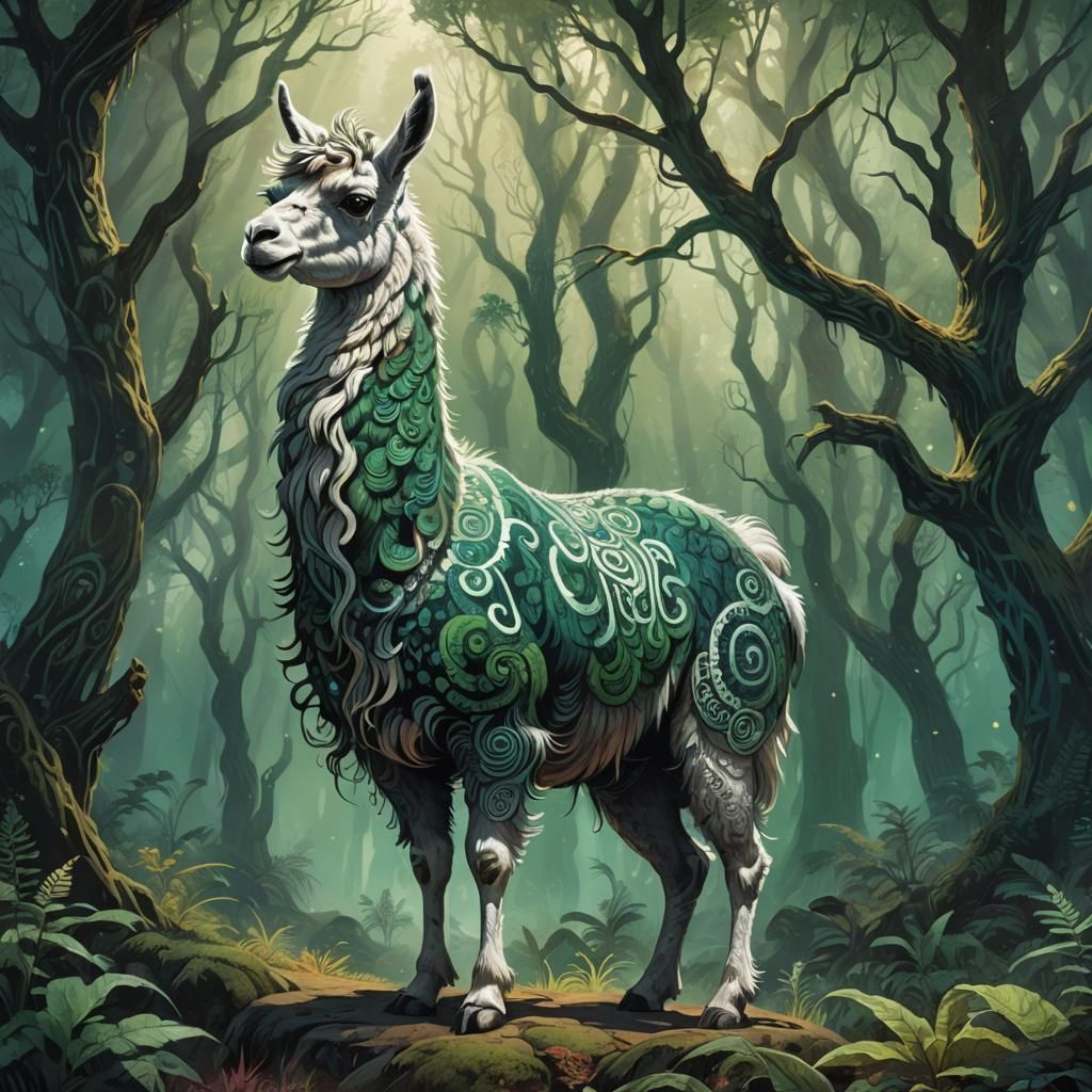 Mystical Llama in Emerald Forest Concept Art