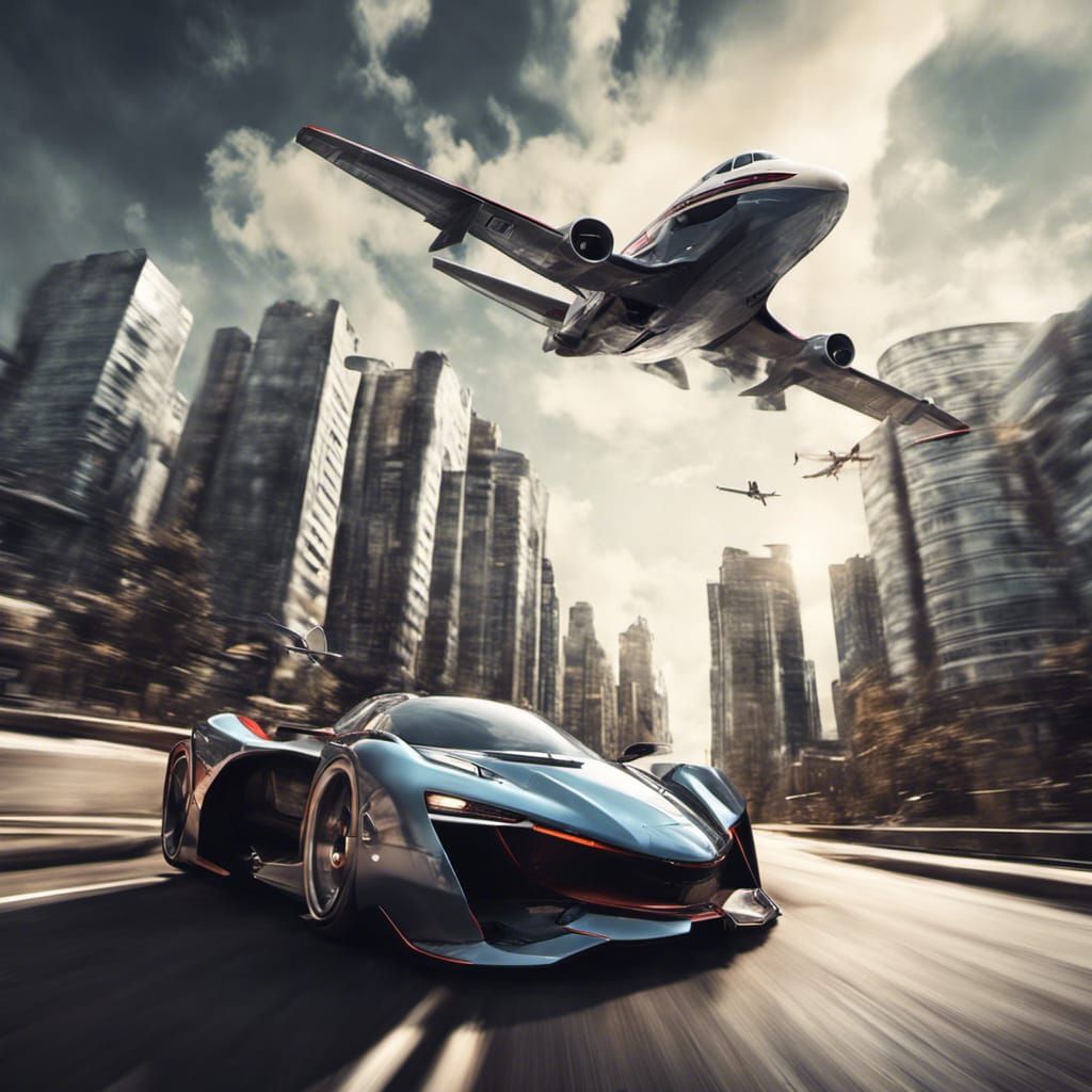 A realistic sporty car with aeroplane wings that is flying through the sky over a high-tech city
