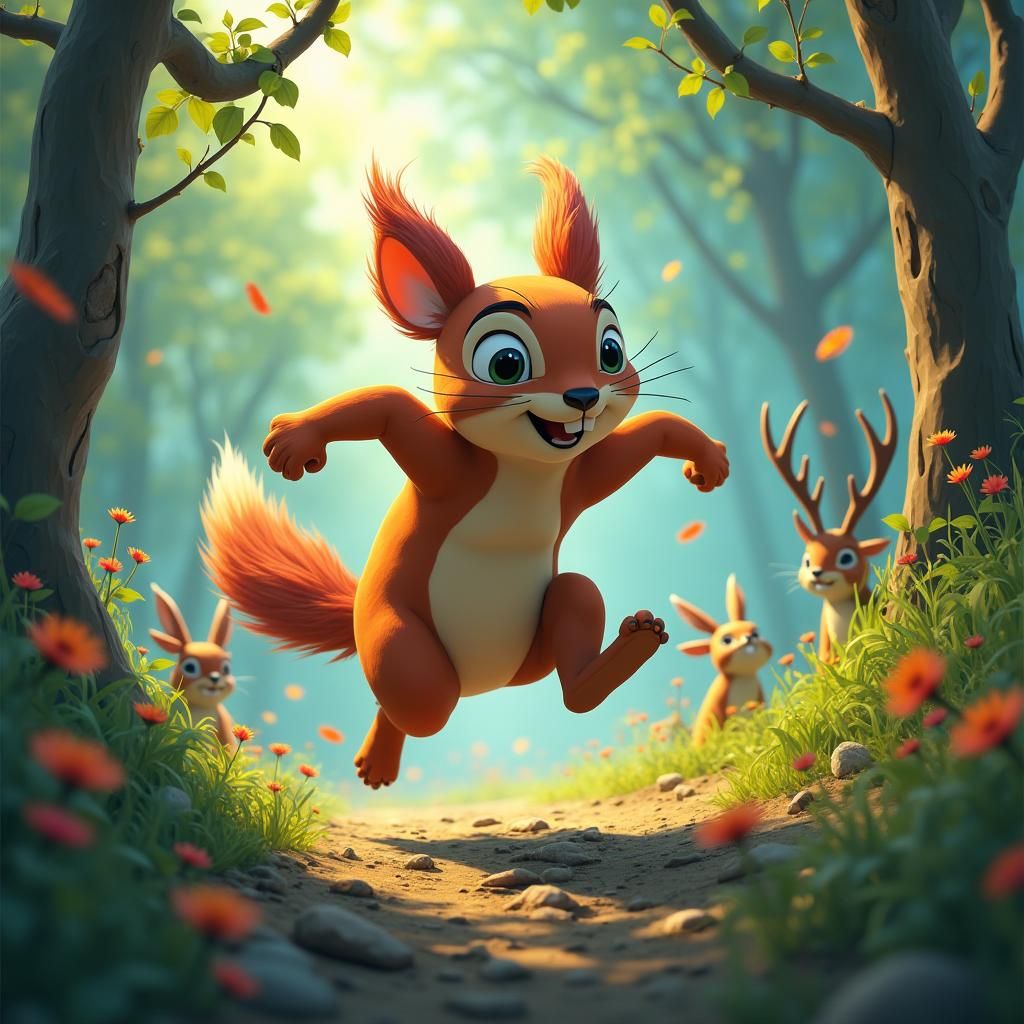 Squirrel Races Through Lush Forest in Fantasy Style