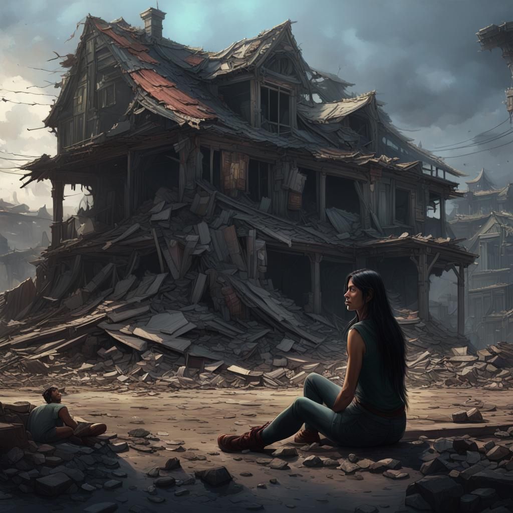 Fantasy Scene: Demolished House with Figures