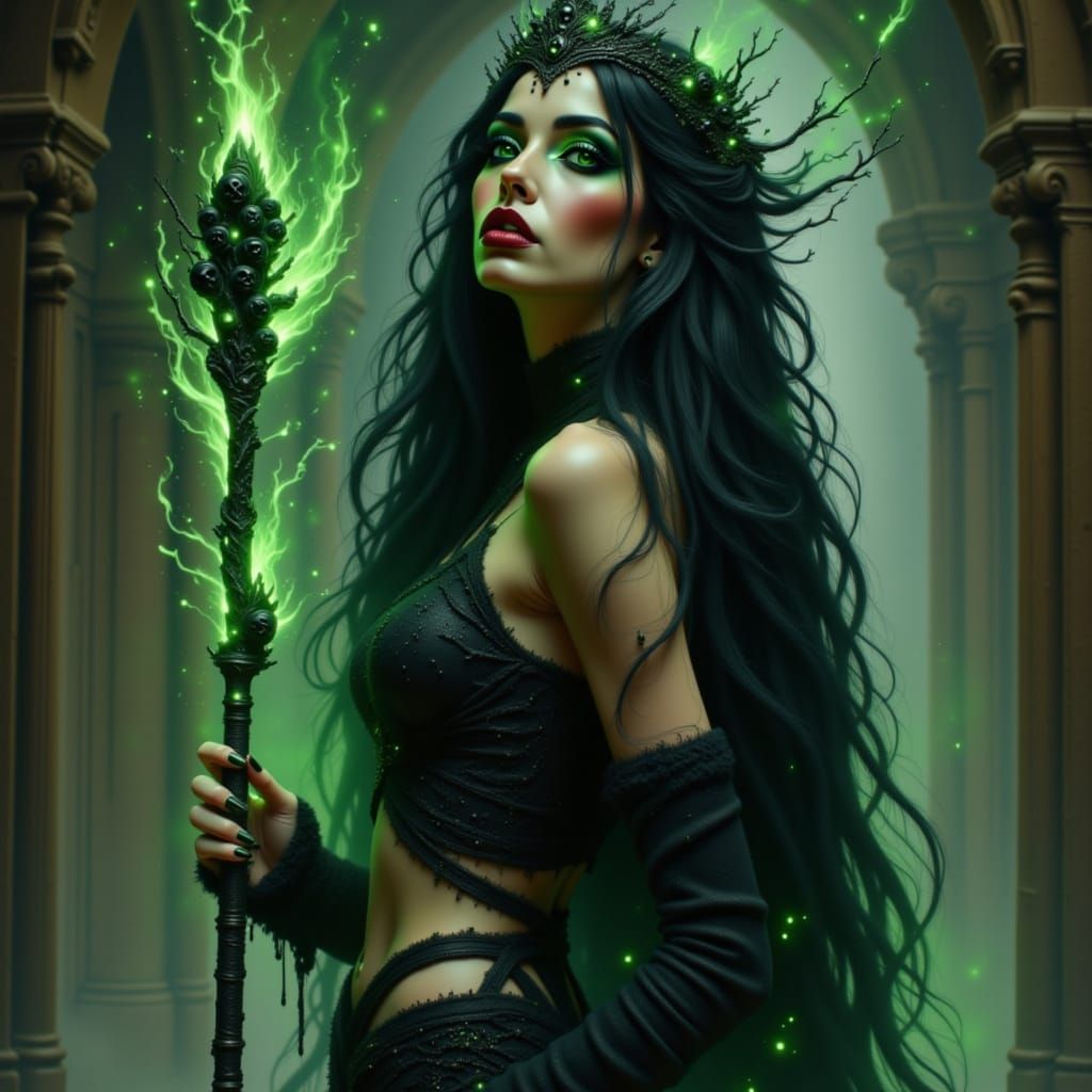 Female Necromancer with Flowing Hair in Grand Hall