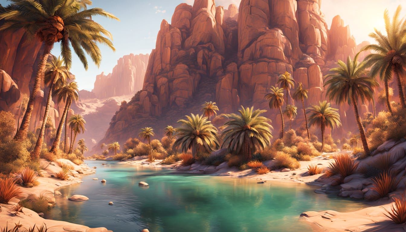 Desert Oasis with Palm Trees at Golden Hour