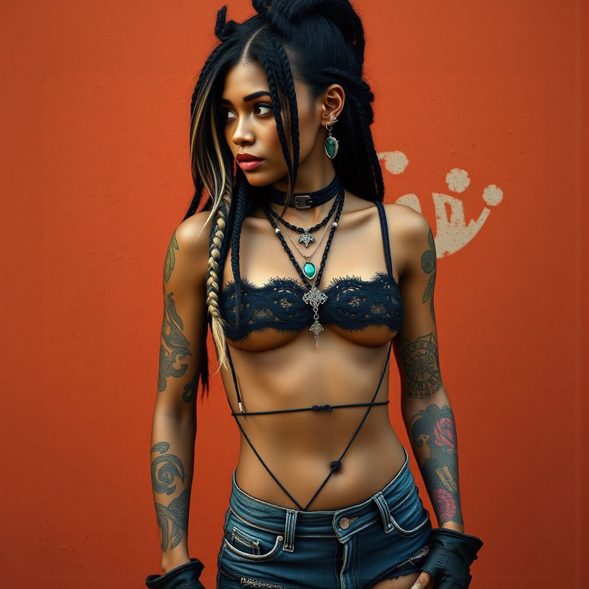 Edgy Latina Woman with Tattoos in Urban Setting