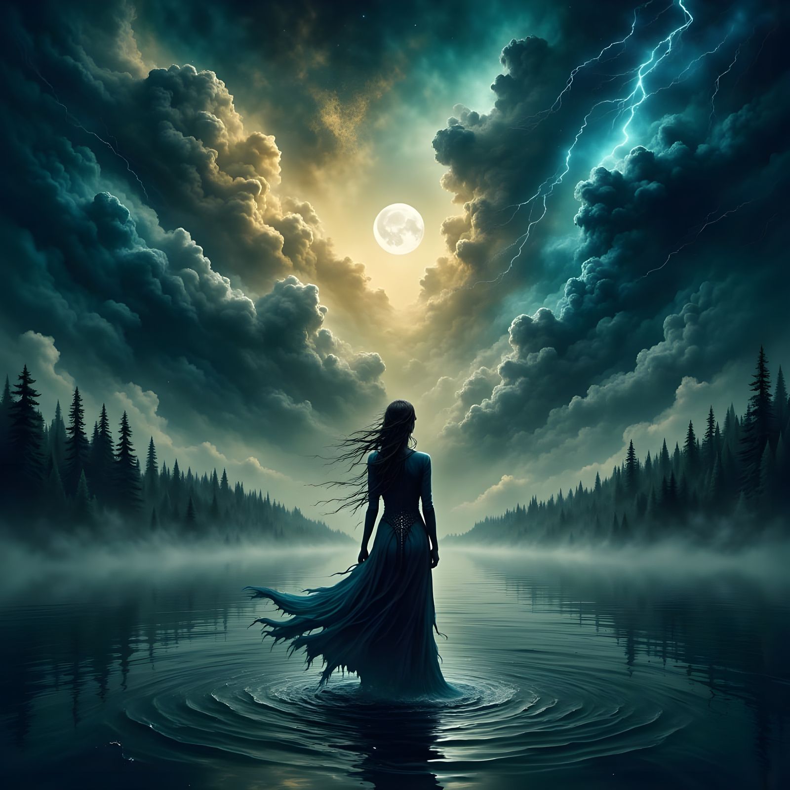 Norse Goddess of the Moon Stands Under a Stormy Yellow Moon