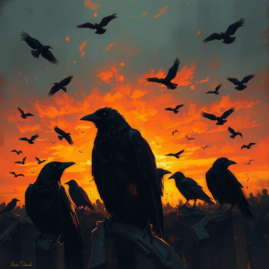 Darkness Descends: Crows in Sunset Splendor