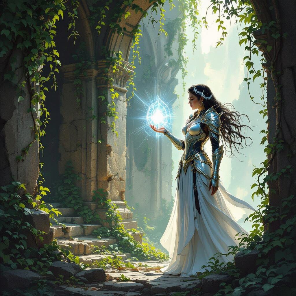 Celestial Warrior in Overgrown City, Fantasy Art Style