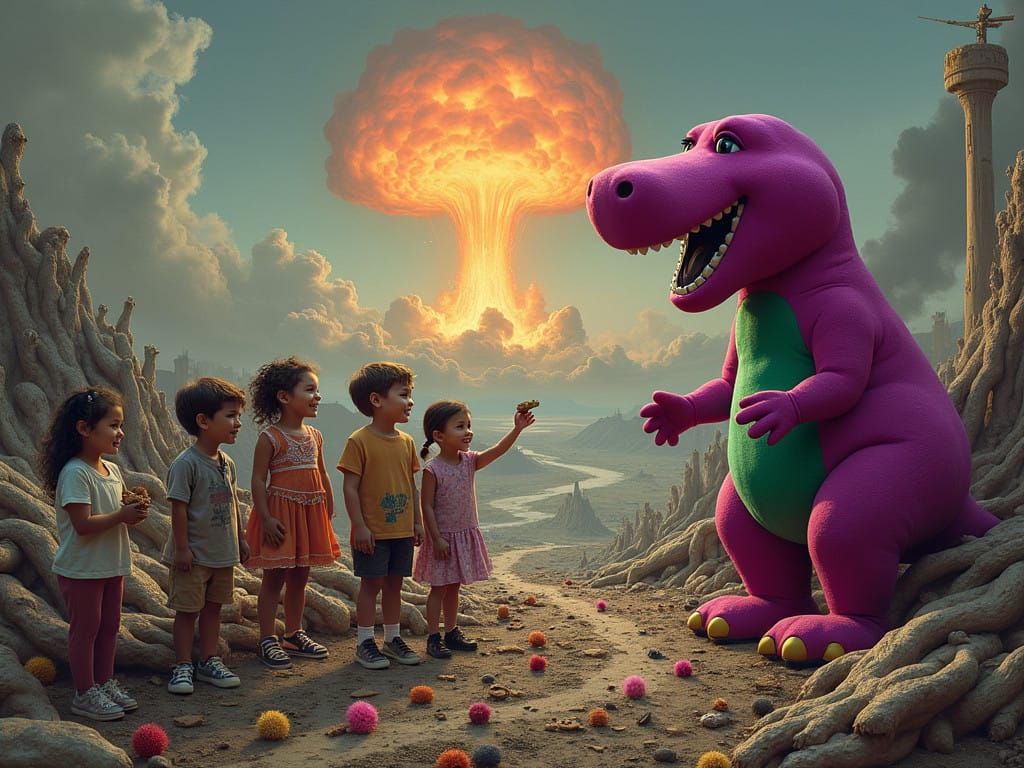 War-Torn Chaos: Barney Hands Out Cookies in a Grotesque, Sur...