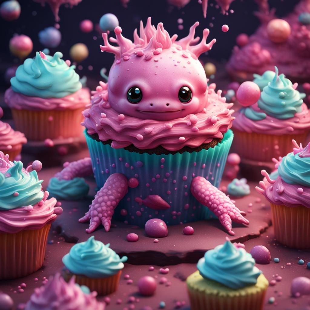 Kawaii Cupcake Axolotl: Detailed Fantasy Art