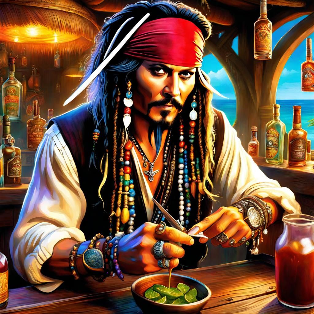 Jack Sparrow Manicure in Tropical Bar, Detailed Fantasy Art