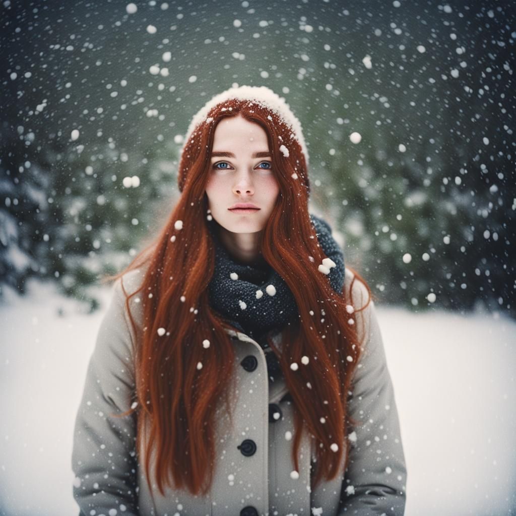 Auburn-Haired Woman in Falling Snow: Polaroid Style