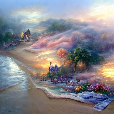Ethereal Beach Sunset in Kinkade Style