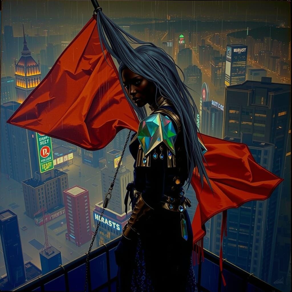 Jeweled Armor Figure Overlooking Neon Metropolis