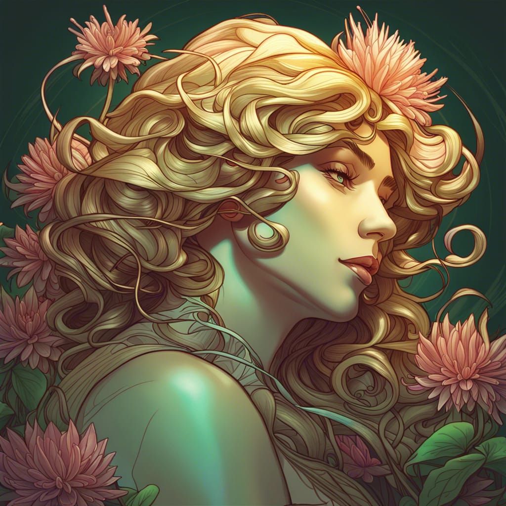 Art Nouveau Bee Balm Portrait with Contour Lines