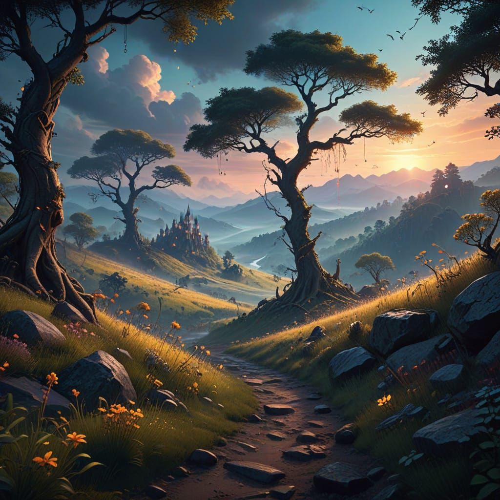 Surreal Fantasy Landscape with Fireflies and Vibrant Brushst...