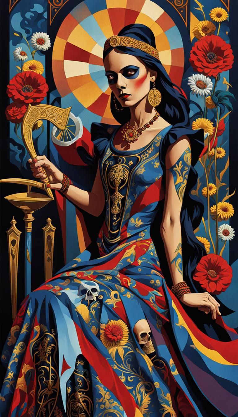 Cubist Tarot Card: Death Dance Macabre in Vivid Colors