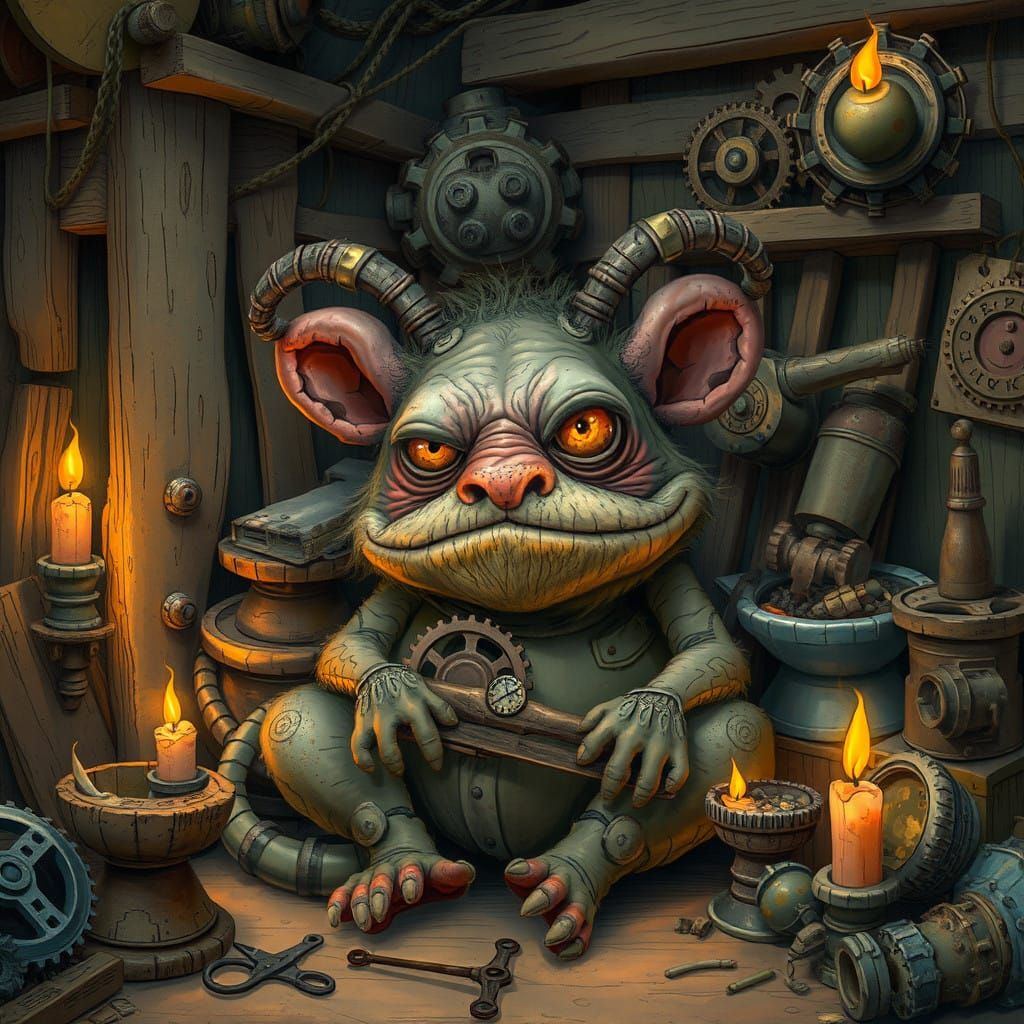 Whimsical Creature Amidst Enchanted Workshop