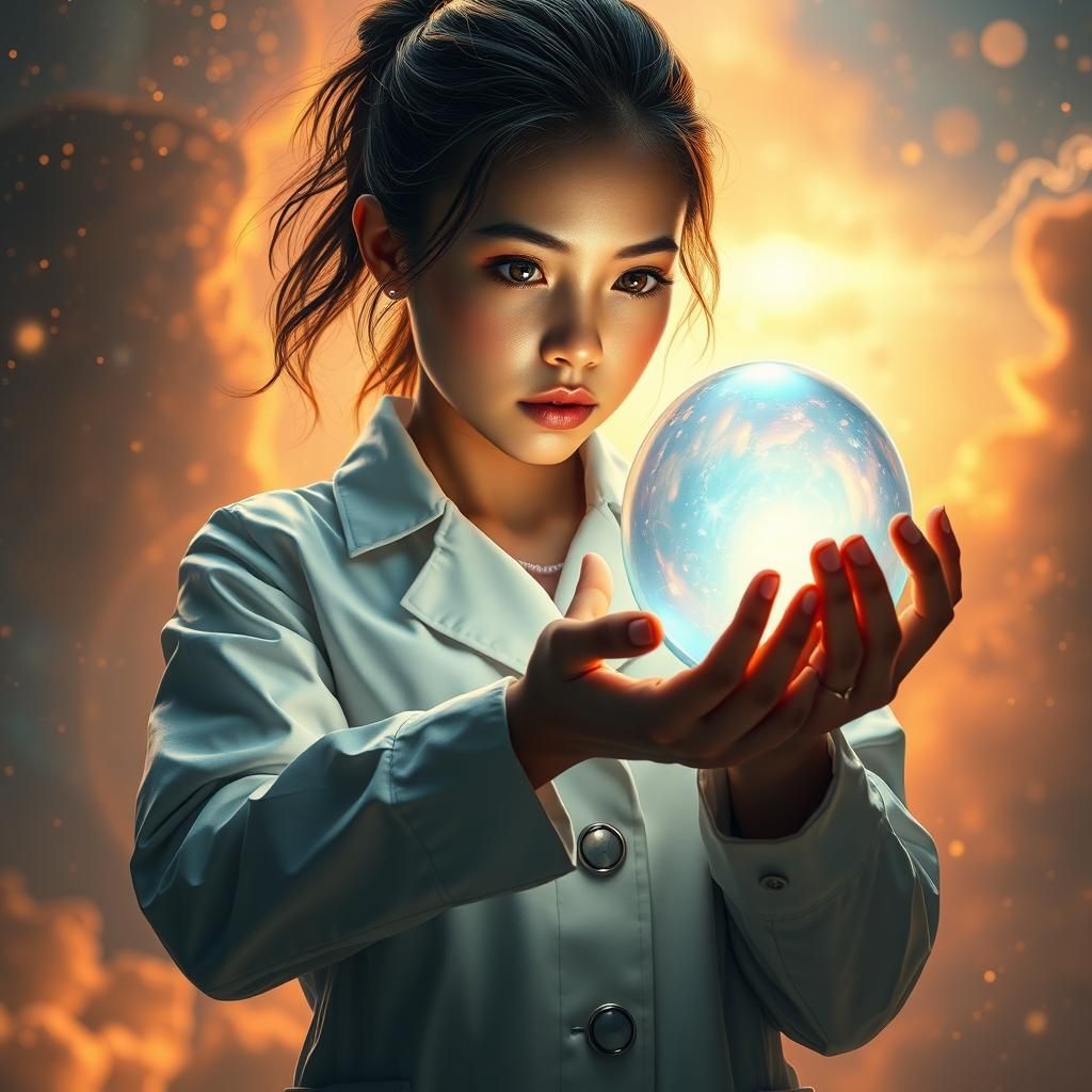 Scientist Holding Luminous Orb: Dreamlike Digital Art