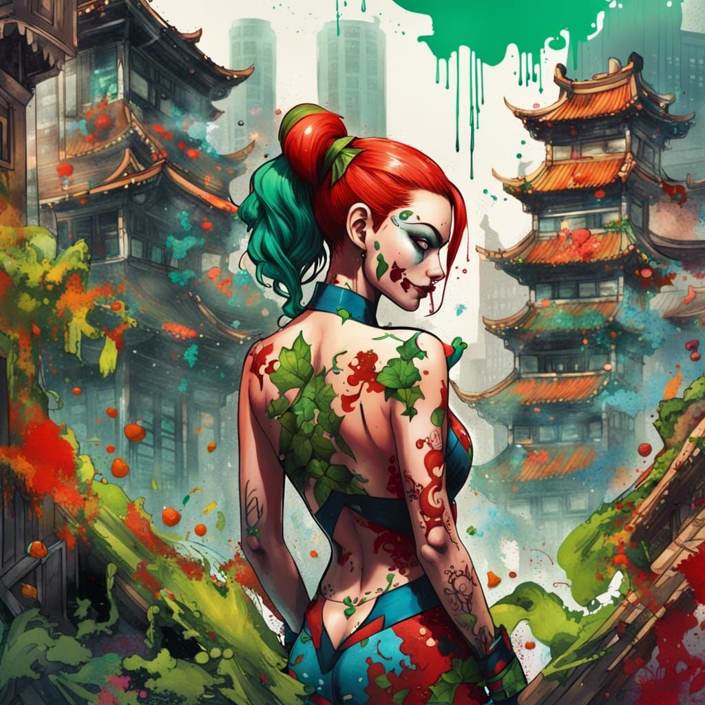 Harley Quinn and Poison Ivy in Chinese Graffiti Art
