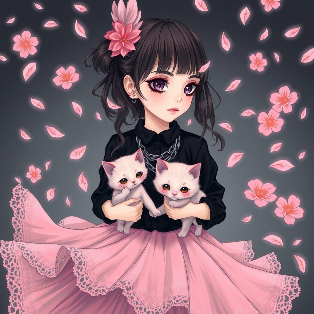 Whimsical Cherry Blossom Scene in Goth Emo Cartoon Style