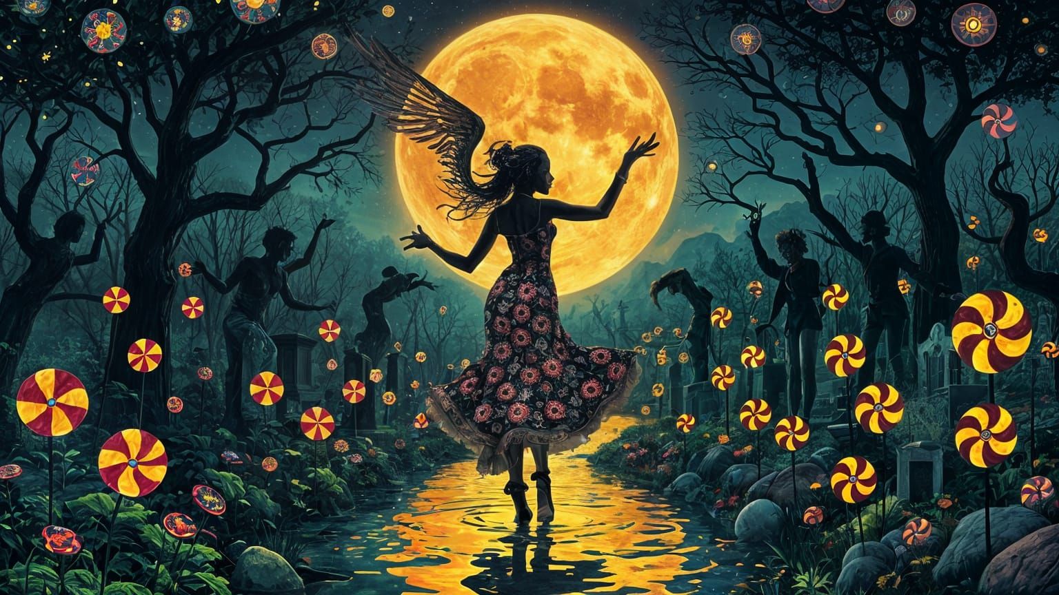 Moonlit Dance in Graveyard: Afrofuturist Digital Art