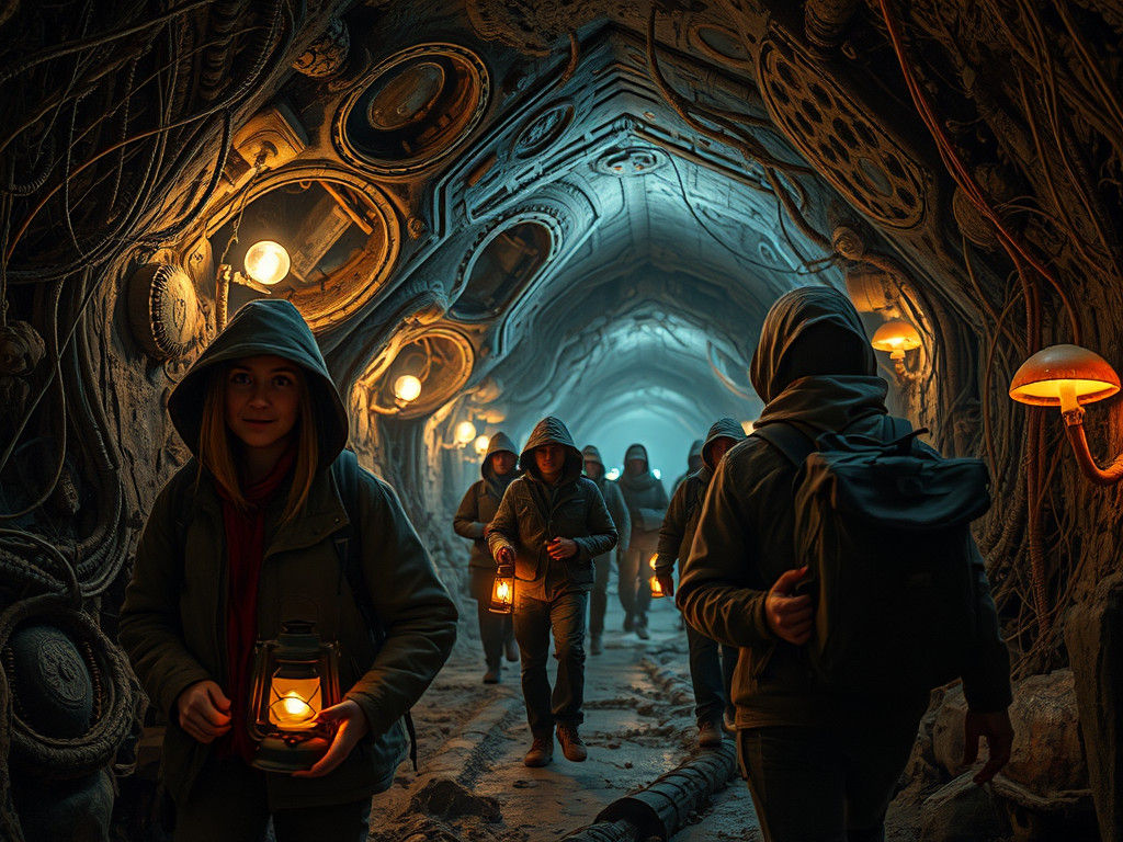 Subterranean Explorers in Eerie Underground Tunnel