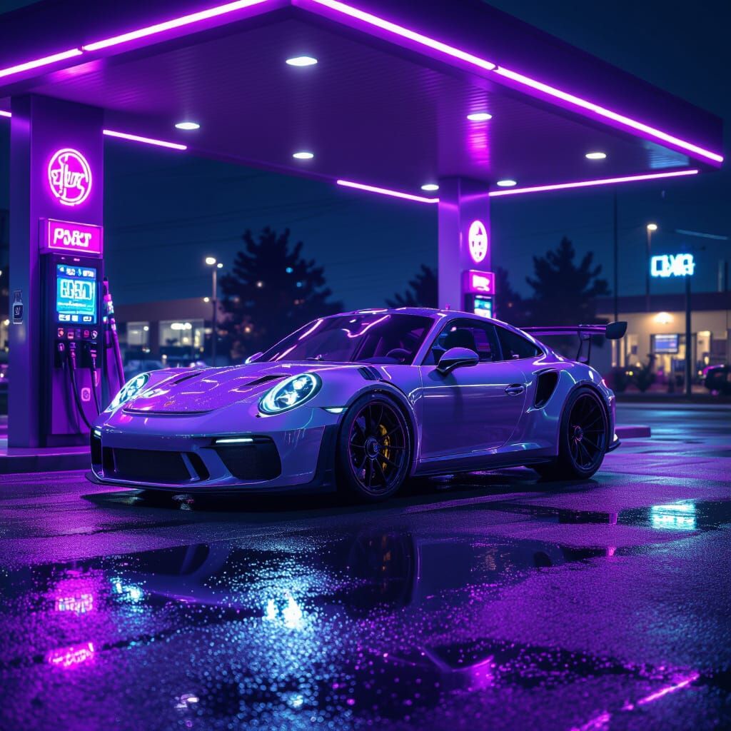 Neon Purple Gas Station With Porsche 911 GT3 RS At Night