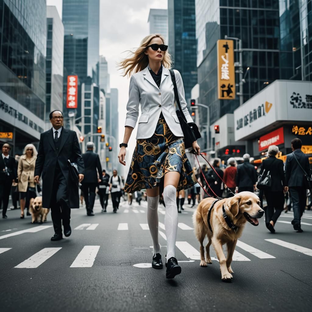 Woman and Assistance Dog in Futuristic Cityscape