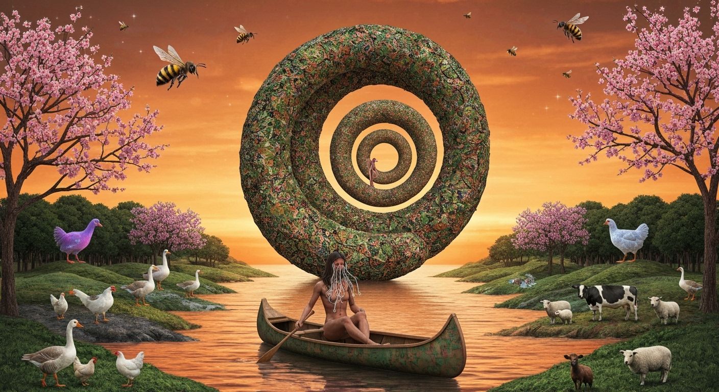 Mystical Amazon Journey in Spiral Sculpture at Sunset