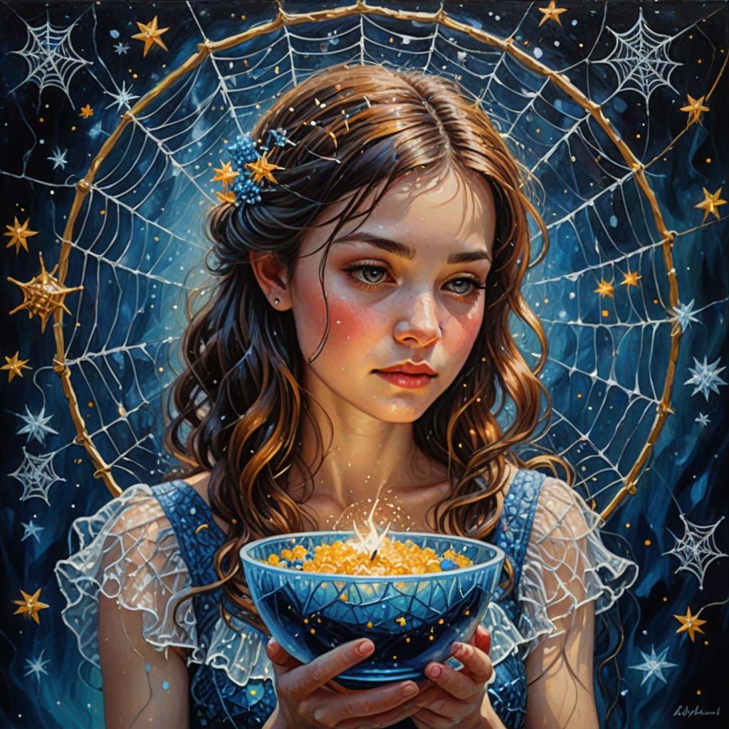 Fairy Collecting Stars in Oil Painting
