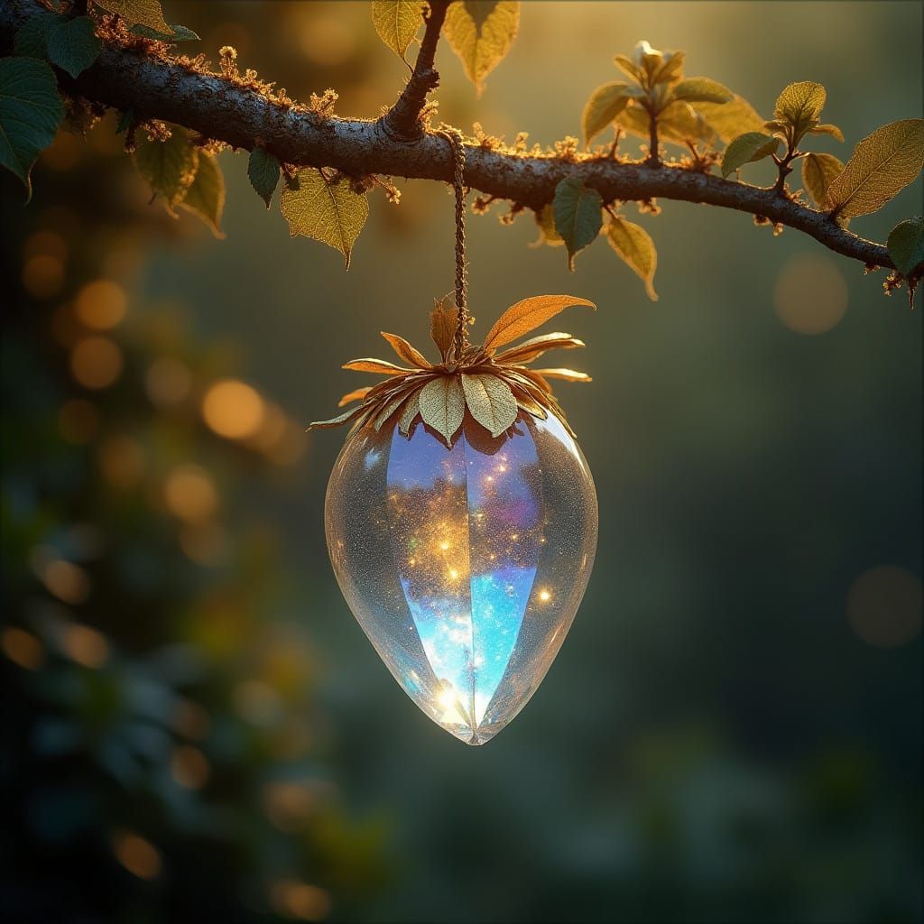 Iridescent Crystal Fruit Swaying from a Golden Tree in a Fan...