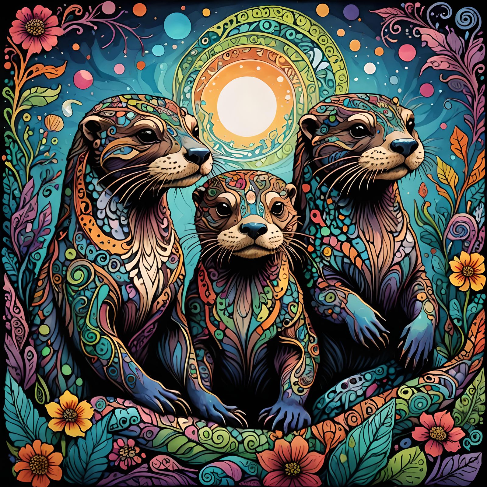 Psychedelic Zentangle Otters in Colorful Silhouette