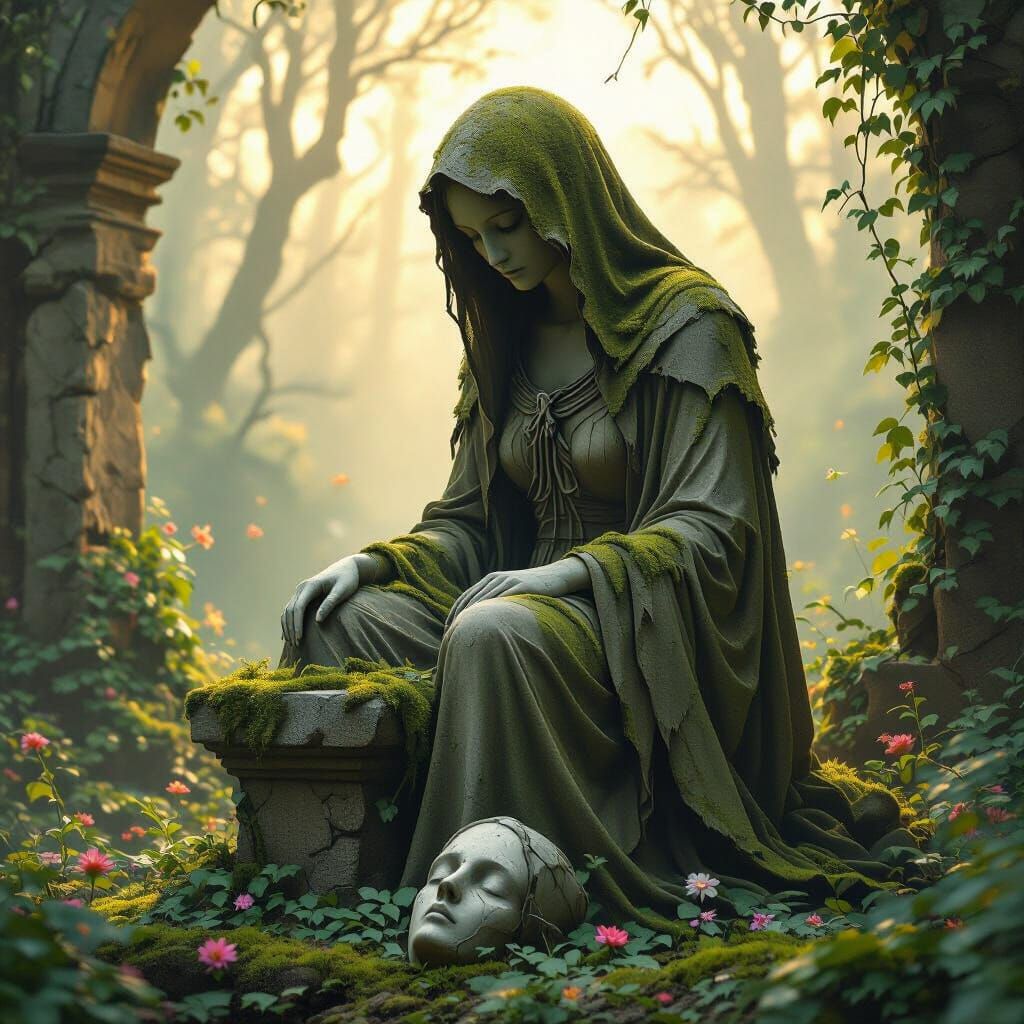 Mystical Forest Ruin: Headless Statue in Fantasy Art