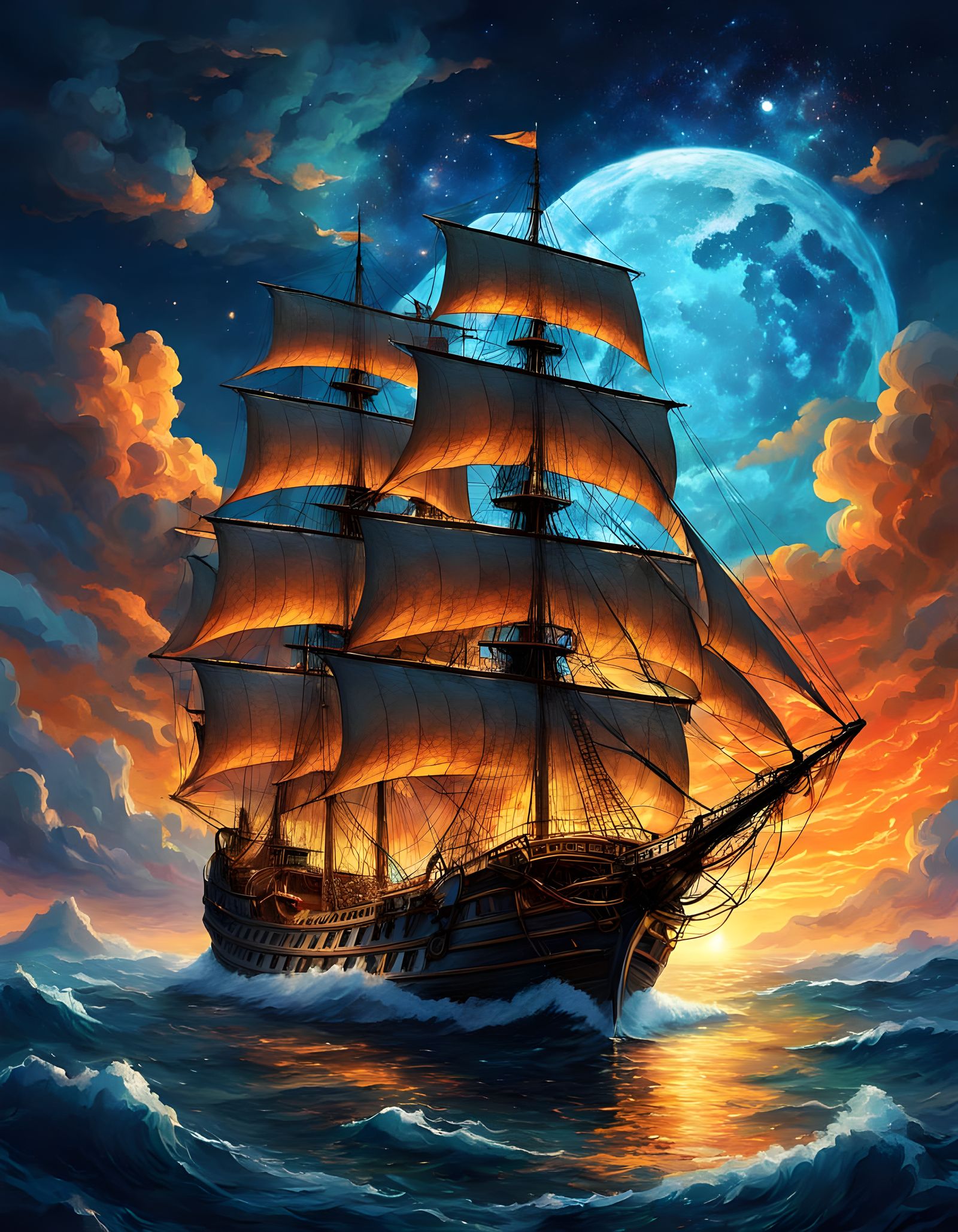 Magical Sunset Illuminates Mythical Sailing Ship